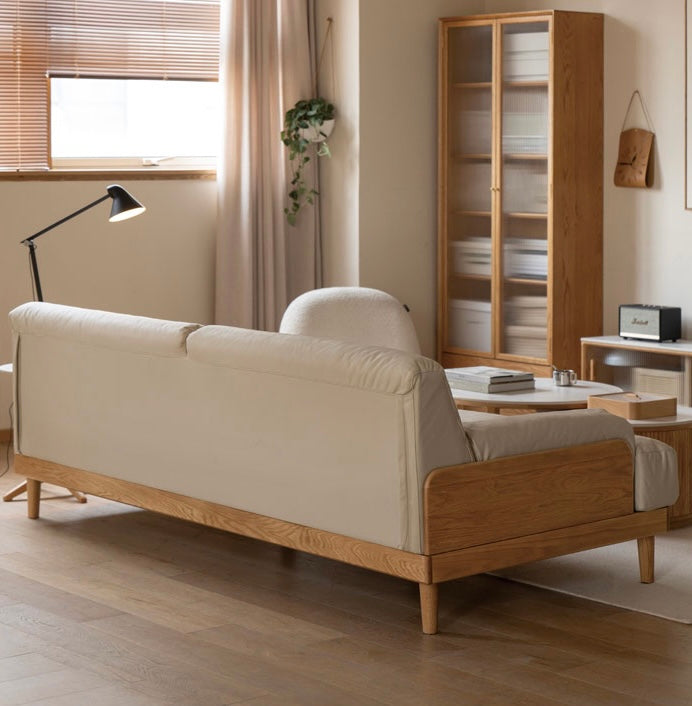 Modern Solid Oak Wood 3-Seater Sofa with Eco-Leather Upholstery – Scandinavian Living Room Couch