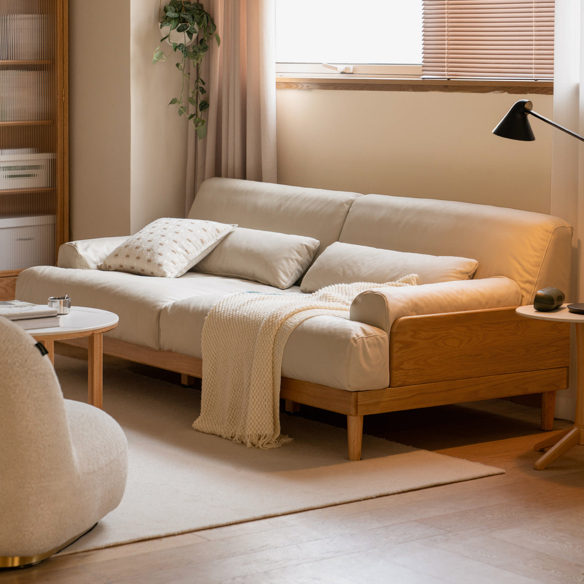 Modern Solid Oak Wood 3-Seater Sofa with Eco-Leather Upholstery – Scandinavian Living Room Couch