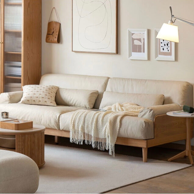 Modern Solid Oak Wood 3-Seater Sofa with Eco-Leather Upholstery – Scandinavian Living Room Couch