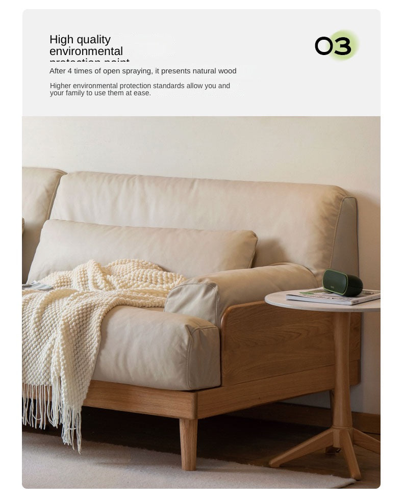 Modern Solid Oak Wood 3-Seater Sofa with Eco-Leather Upholstery – Scandinavian Living Room Couch