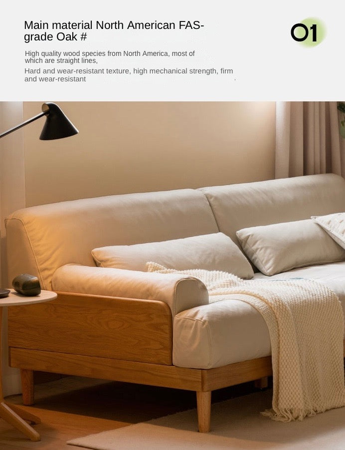 Modern Solid Oak Wood 3-Seater Sofa with Eco-Leather Upholstery – Scandinavian Living Room Couch