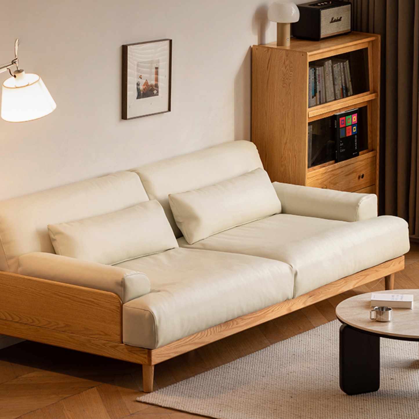 Modern Solid Oak Wood 3-Seater Sofa with Eco-Leather Upholstery – Scandinavian Living Room Couch