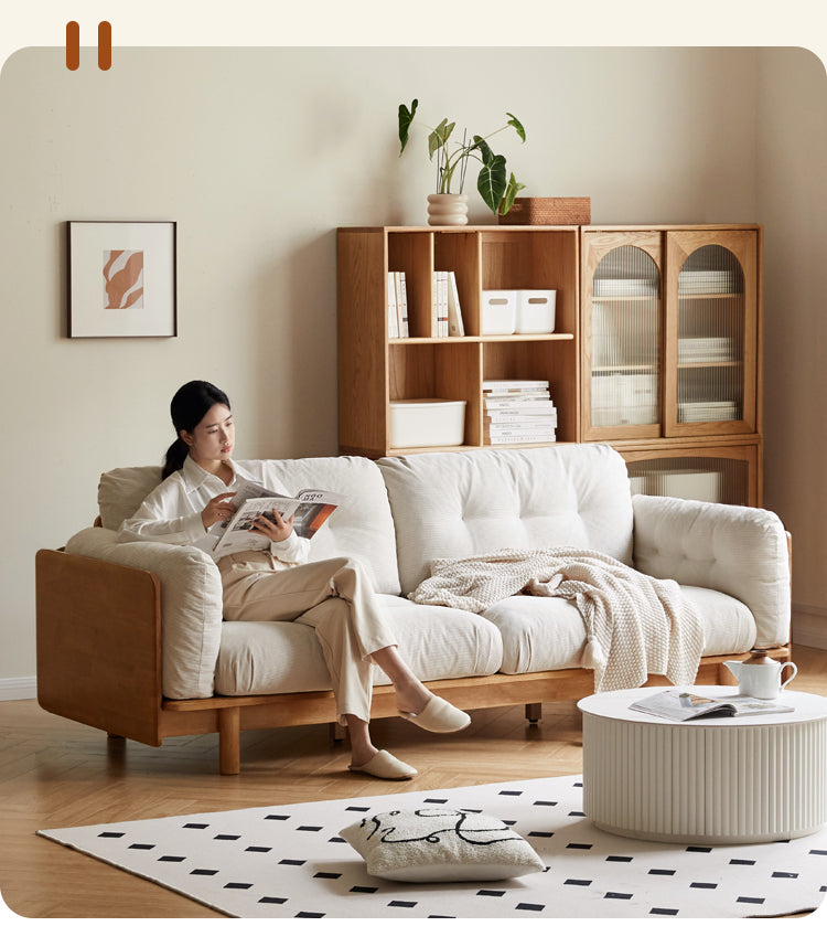 Nordic Solid Wood Frame Sofa | Modern Cream Fabric Living Room Couch