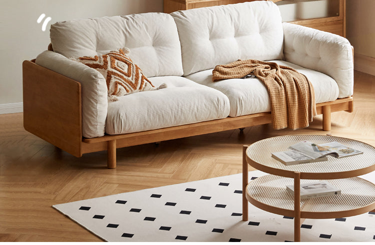 Nordic Solid Wood Frame Sofa | Modern Cream Fabric Living Room Couch