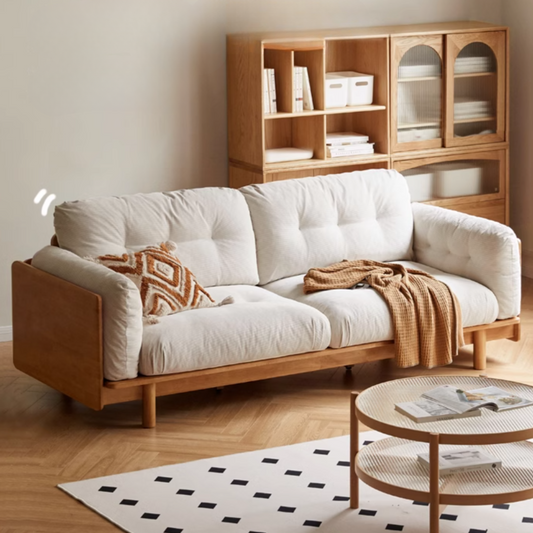 Nordic Solid Wood Frame Sofa | Modern Cream Fabric Living Room Couch