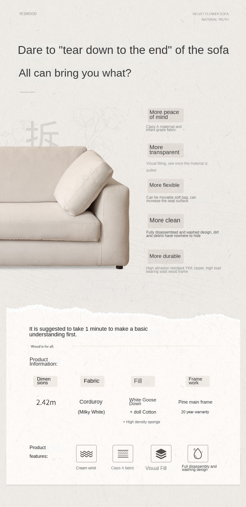 Premium Corduroy 3 Seater Sofa – Luxury Soft Fabric Living Room Couch (Milky White)